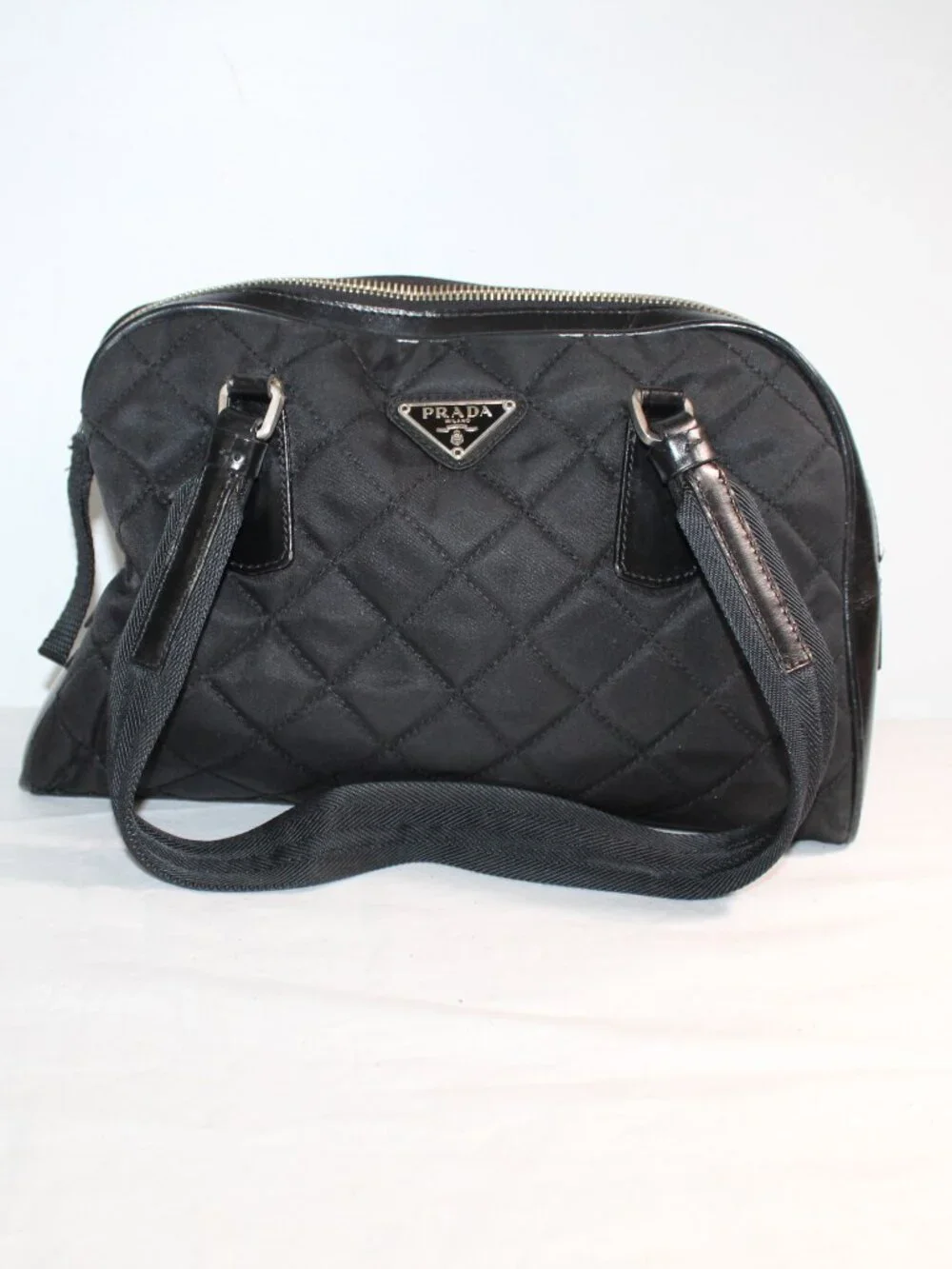 Prada Triangle Logo Tessuto Nylon Quilted Top Handle Shoulder Bag Black Vintage